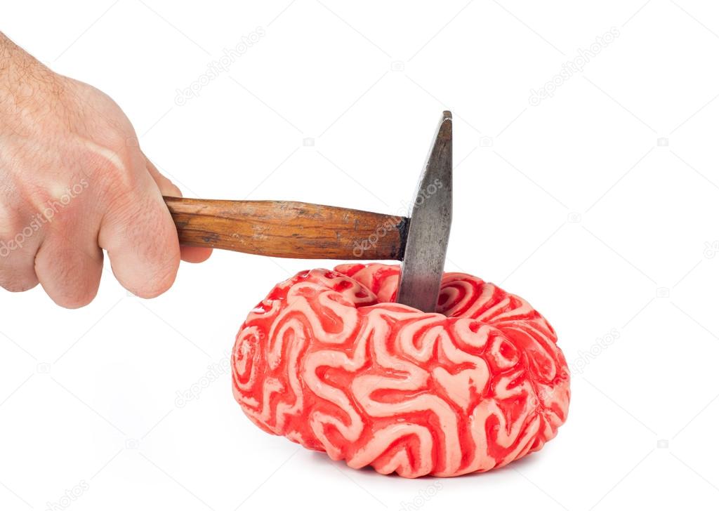Human brain rubber with hammer blow and blood spill