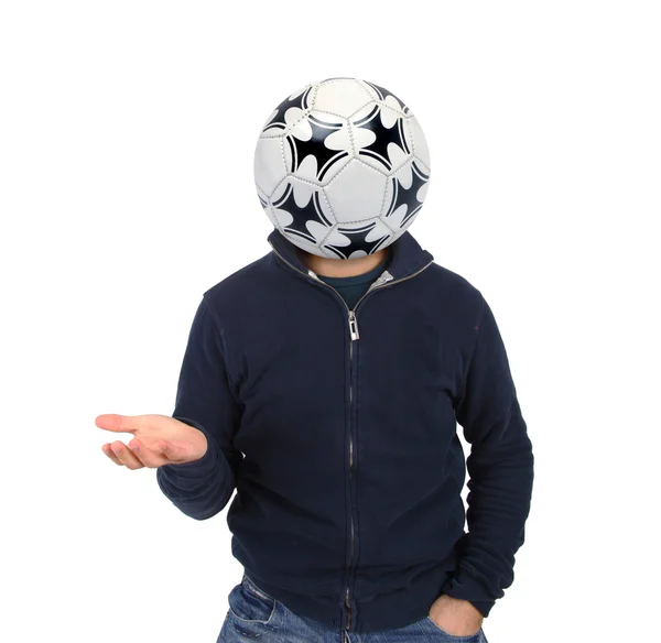 Jonge man met een voetbal in plaats van het hoofd — Stockfoto