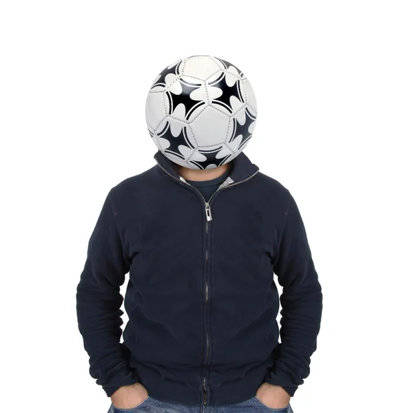 Jonge man met een voetbal in plaats van het hoofd — Stockfoto