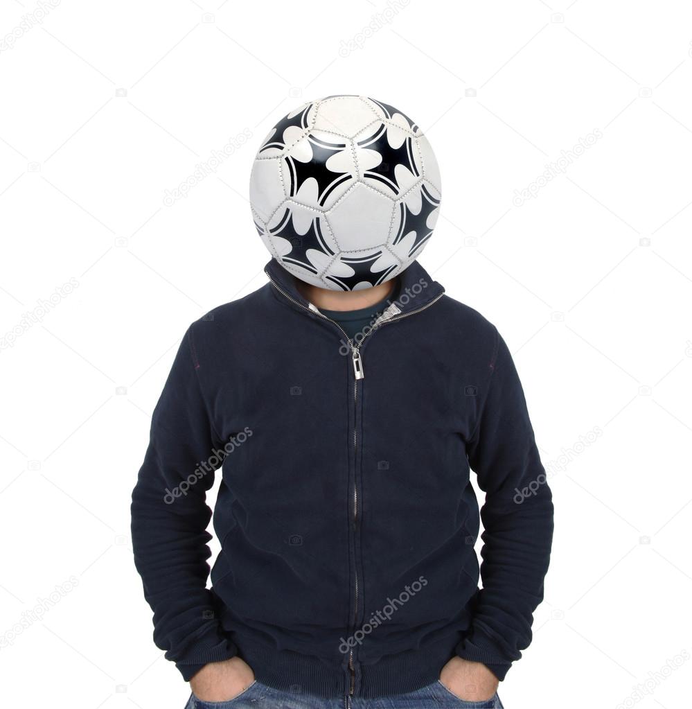 Young man with a soccer ball instead of the head