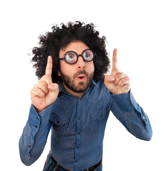 Funny man pointing with the fingers an empty space — Stock Photo, Image
