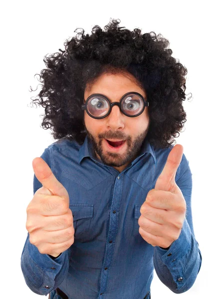 Funny man with the wig showing thumbs up sign — Stock Photo, Image