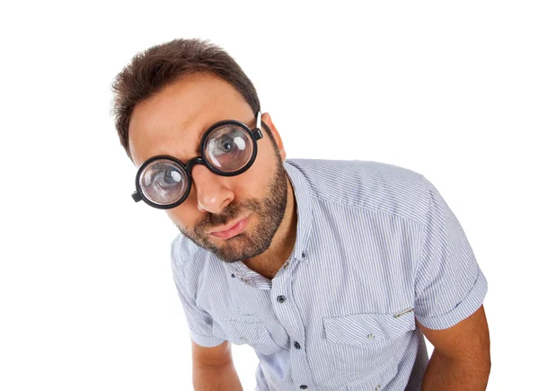 Homme avec une expression surprise et des lunettes épaisses — Photo