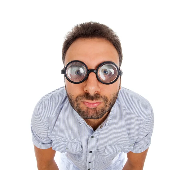 Man with a surprised expression and thick glasses — Stock Photo, Image