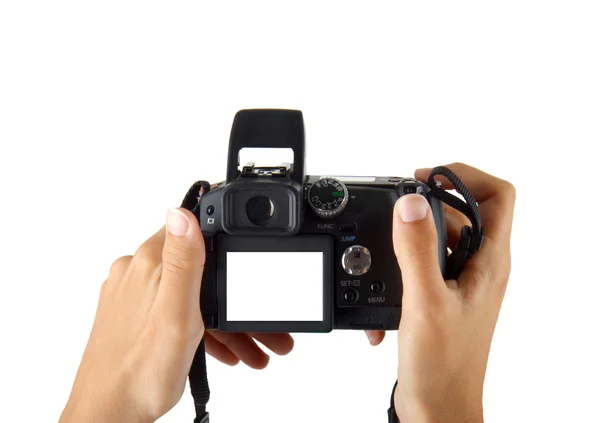 Mains féminines prenant des photos avec appareil photo numérique — Photo