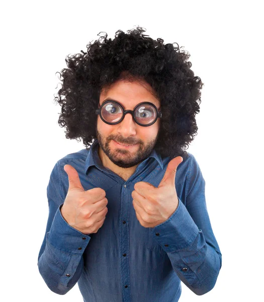 Man with crazy expression and thumb up — Stock Photo, Image