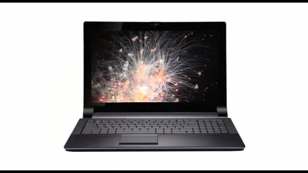 Laptop with screen representing fireworks — Stock Video