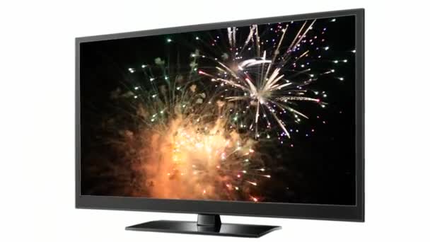 Μεγάλη οθόνη τηλεόρασης με λαμπερά πυροτεχνήματα — Αρχείο Βίντεο
