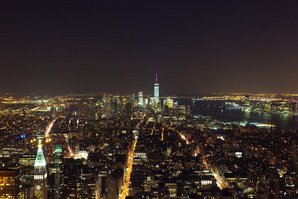 Aerial night view of Manhattan skyline, New York