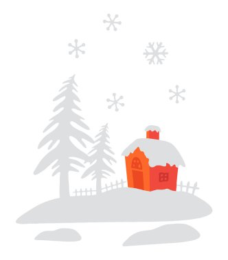 Christmas scene with trees and house while it snows. clipart
