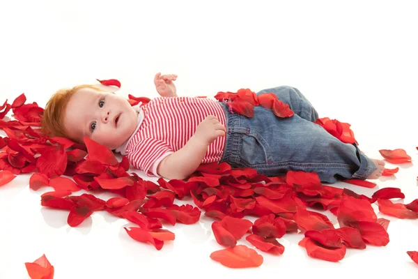 Baby flicka på kronbladen rosor — Stockfoto