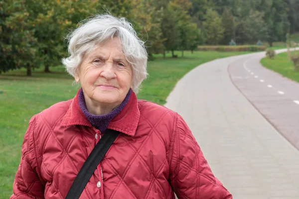 Portret Van Een Lachende Oudere Vrouw Die Het Herfstpark Loopt Stockfoto