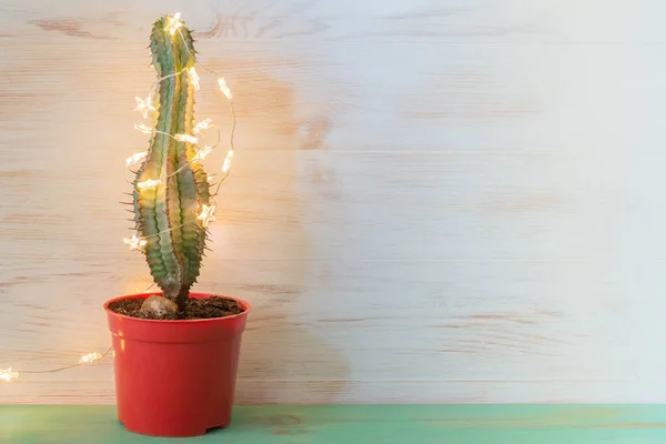 Kerst Cactus Boom Met Glanzende Slinger Vintage Houten Achtergrond Met Stockafbeelding