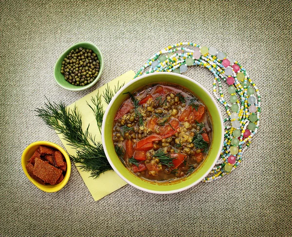 Vegetarian soup with tomatoes and beans mung. — Stock Image Vegetarian soup with tomatoes and beans mung. Stock Photo