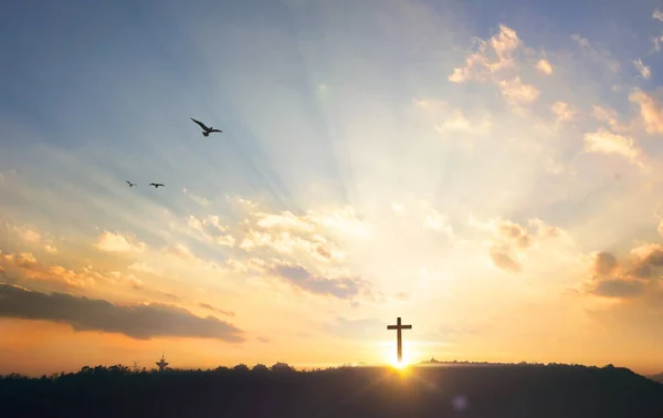 Religieus Concept Silhouet Kruis Berg Bij Zonsondergang Achtergrond — Stockfoto