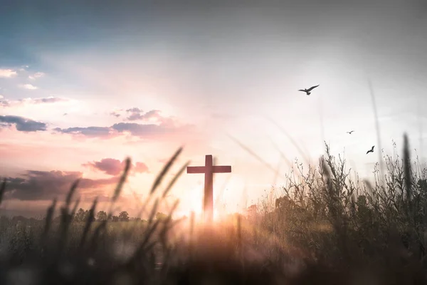 Великодня Концепція Силуетний Хрест Горі Фоні Заходу Сонця — стокове фото