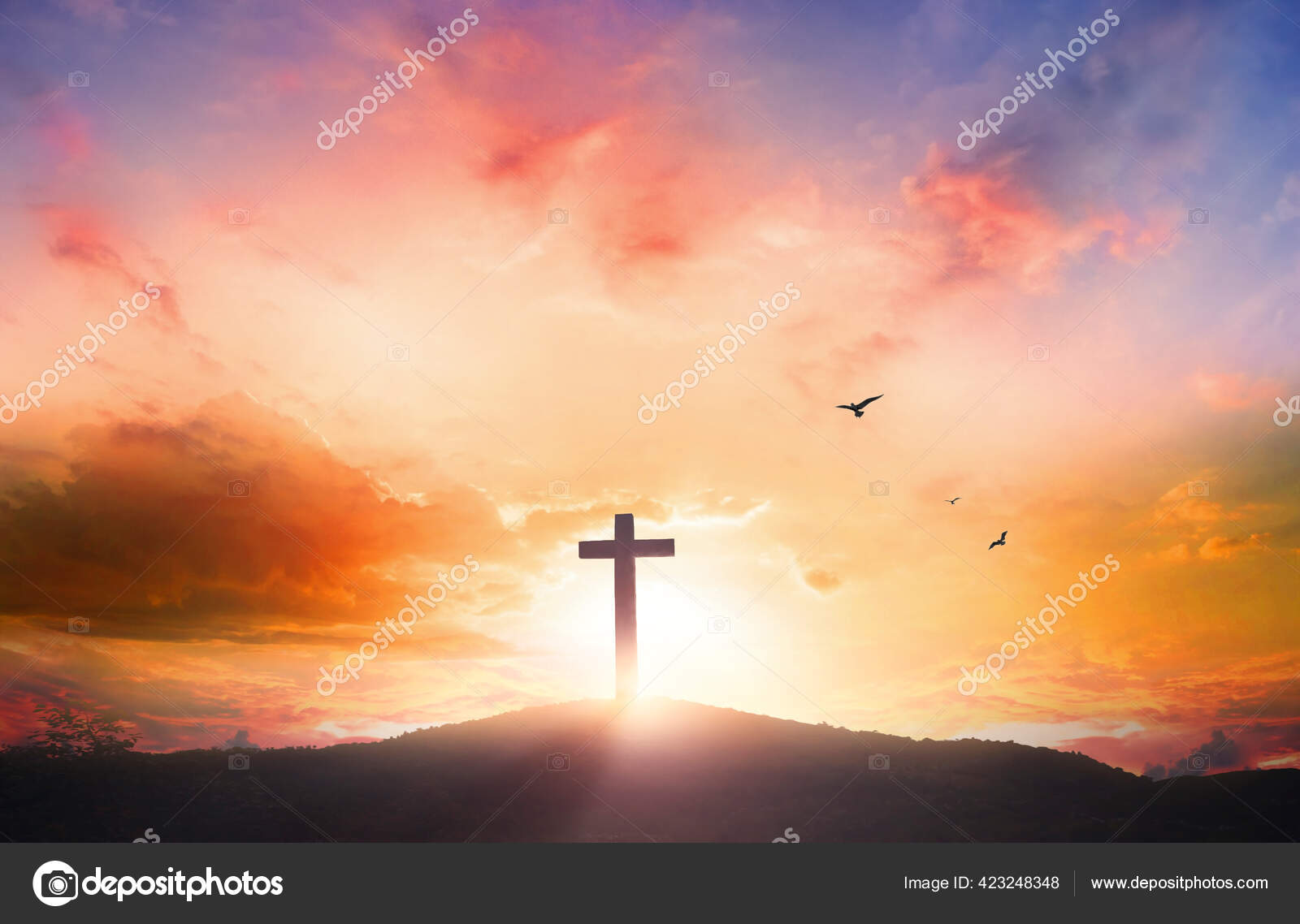 Good Friday Concept Silhouette Cross Mountain Sunset Background Stock Photo  by ©paulshuang 423248348