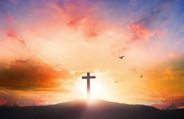 Good Friday Concept Silhouette Cross Mountain Sunset Background — Stock Photo, Image