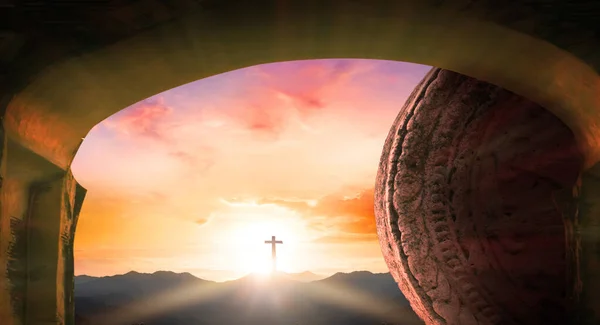 Easter Concept Tomb Stone Holy Cross Sunset Sky Background — Stock Photo, Image