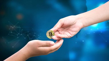 Finansal konsept: arka plan ağında bitcoin verir