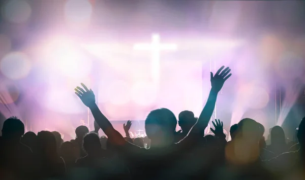 Christians Raising Hands Praise Worship Cross Background — Stock Photo, Image