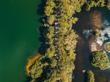 Göl boyunca yukarıdan aşağıya giden yolun hava aracı görüntüsü.