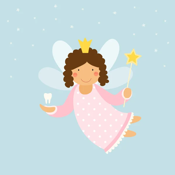 Tooth fairy with crown and magic wand — Stock Vector