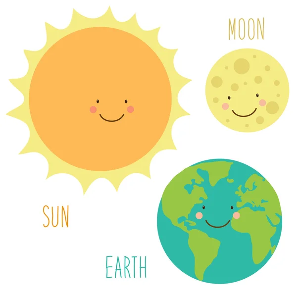 Güneş, dünya ve ay karakter kümesi — Stok Vektör