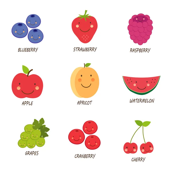 Lindos personajes sonrientes de frutas — Vector de stock