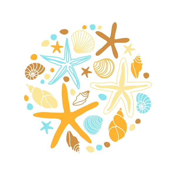 Shells and starfishes in circle shape — Stock Vector