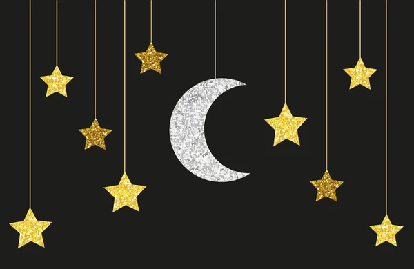 Argento brillantini luna e stelle — Vettoriale Stock