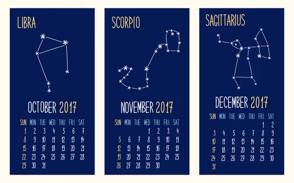 Páginas del calendario como constelaciones esquemáticas del zodíaco — Vector de stock