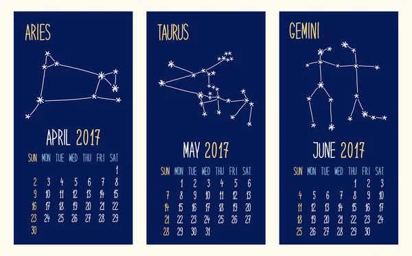 Páginas del calendario como constelaciones esquemáticas del zodíaco — Vector de stock