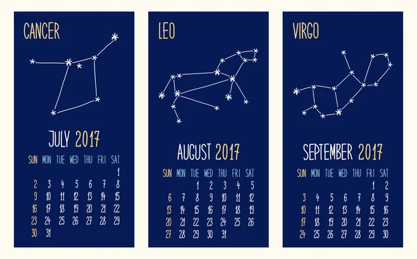 Páginas del calendario como constelaciones esquemáticas del zodíaco — Vector de stock