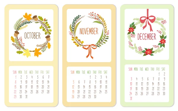 Belles pages de calendrier avec des couronnes florales — Image vectorielle