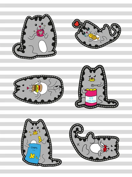 Χαριτωμένο σύνολο από patches μόδας με χαρακτήρες κινουμένων σχεδίων από γάτες — Διανυσματικό Αρχείο