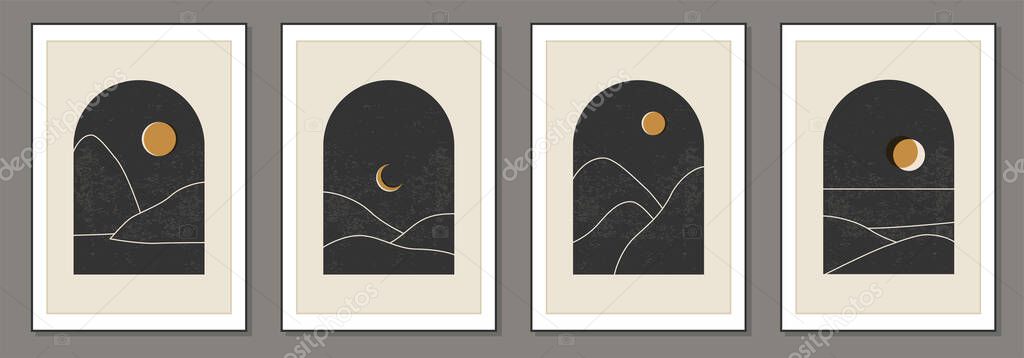 Set of trendy minimalist landscape abstract contemporary collages design