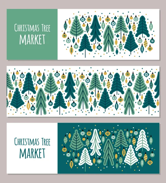 北欧のクリスマスツリー市場のバナーの背景のかわいいセット — ストックベクタ