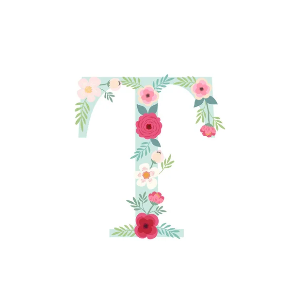 Alfabet letter T met bloemen — Stockvector