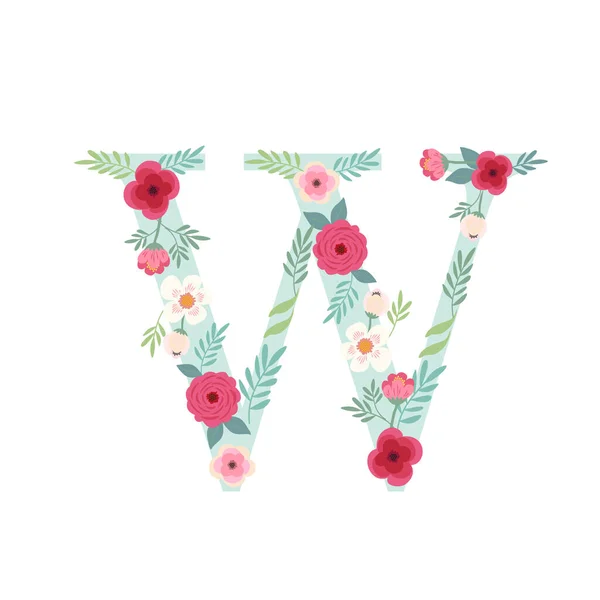 Alphabet lettre W avec des fleurs — Image vectorielle