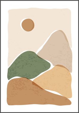 Moda minimalist manzara soyut organik şekiller kolaj, dağlar güneş estetik duvar poster tasarımı