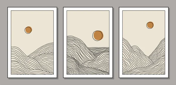 Trendy Set Van Minimalistische Landschap Abstracte Hedendaagse Collage Bergen Meer — Stockvector