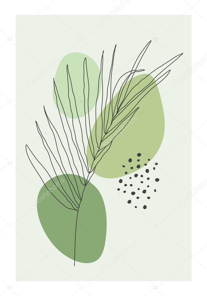 Minimalist botanical line art composition with leaves abstract collage