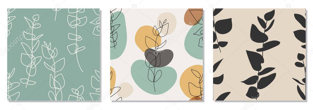 Set of trendy minimalist seamless botanical pattern with line art composition