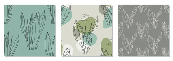 Conjunto de moda padrão botânico sem costura minimalista com composição de arte de linha — Vetor de Stock