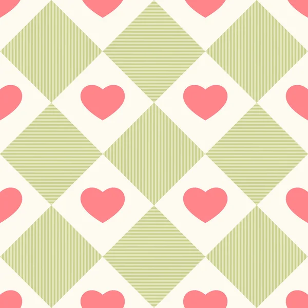 Fondo retro sin costuras primitivo con corazones en celdas cuadradas — Vector de stock