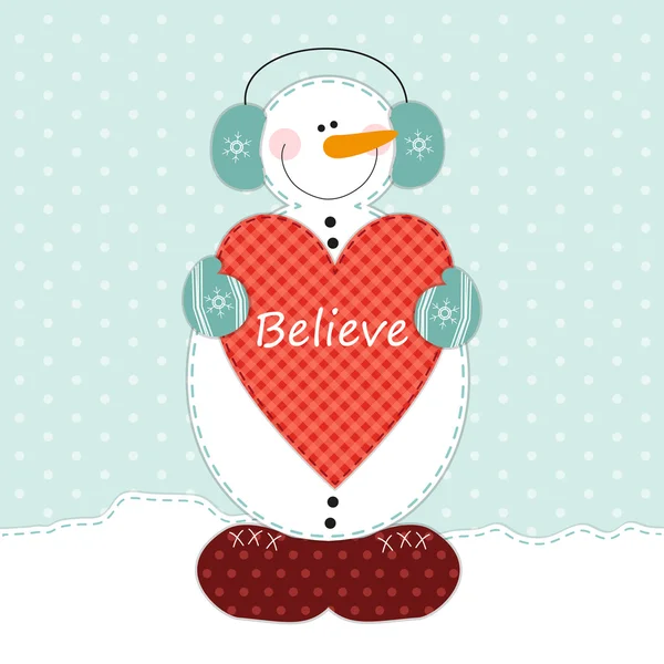 Cute snowman with big heart — Stock Vector
