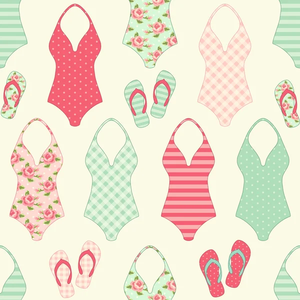 Vintage pattern with swimsuits and flip-flops — Stock Vector