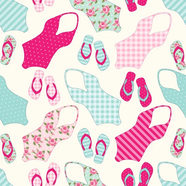 Vintage patroon met zwemkleding en slippers — Stockvector