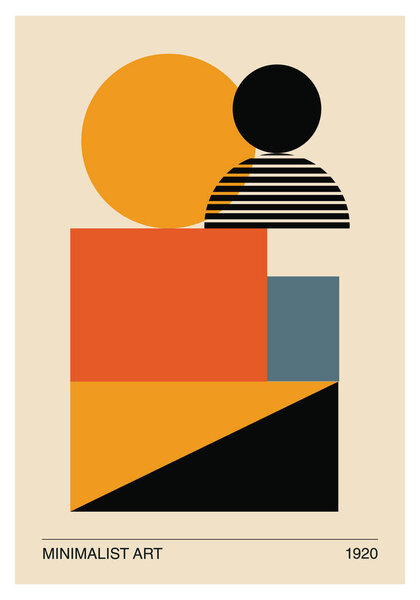 Плакат геометрического дизайна минимум 20-х годов, векторный шаблон с элементами примитивных форм, современный хипстерский стиль
